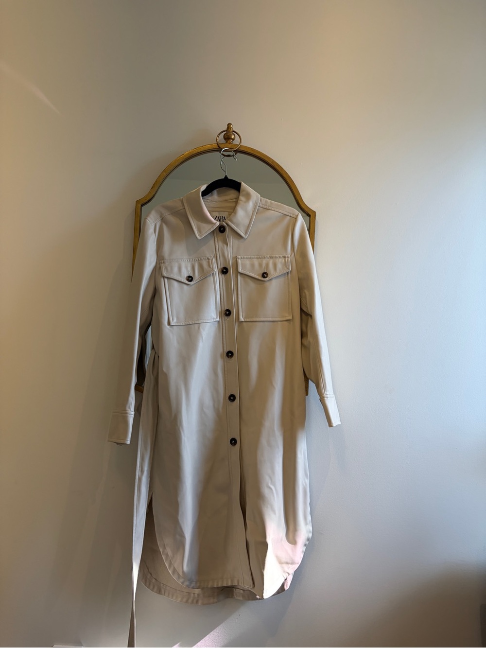 Zara - Cream Long Faux Leather Coat (Size XS)